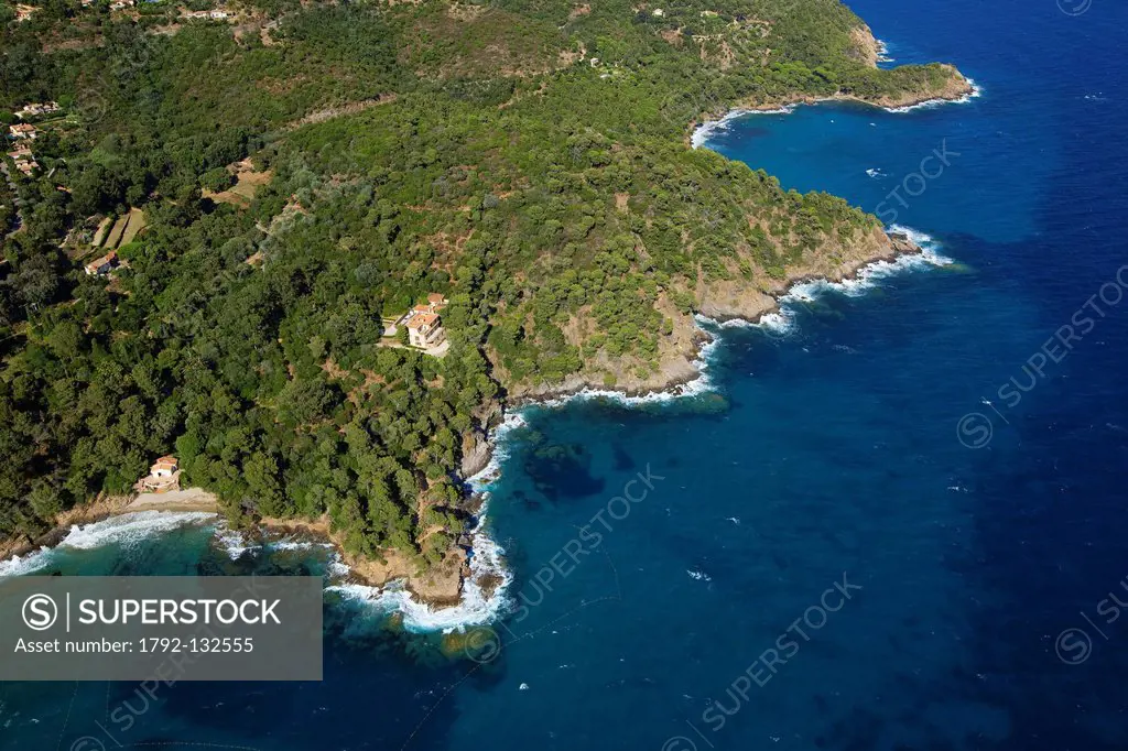 France, Var, Corniche des Maures, Rayol Canadel sur Mer, Anse Pointe Treasury and the Treasury aerial view