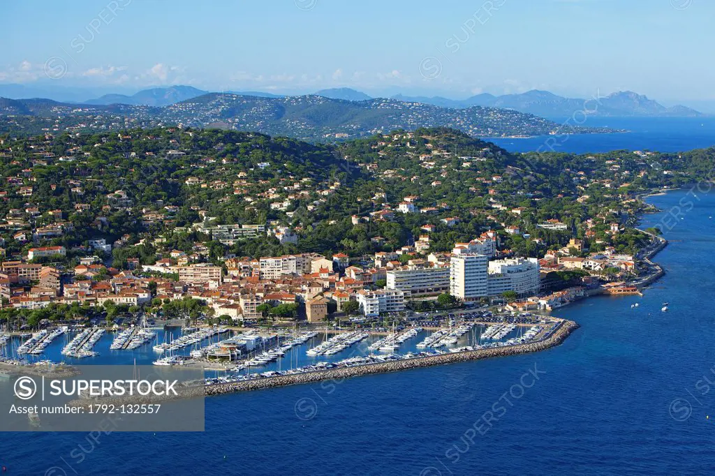 France, Var, Golfe de Saint Tropez, Sainte Maxime, the port, the Maures mountains in the background aerial view