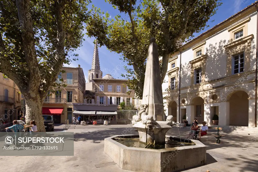 France, Bouches du Rhone, Alpilles, Saint Remy de Provence, Place Pelissier, town hall and fountain
