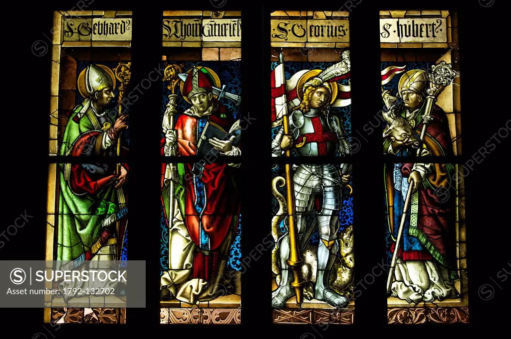 Germany, Black Forest, Schwarzwald, Baden_Wuerttemberg, Freiburg, Augustinermuseum, stained glasses, Saints Gebhard, Thomas of Canterbury, George and ...