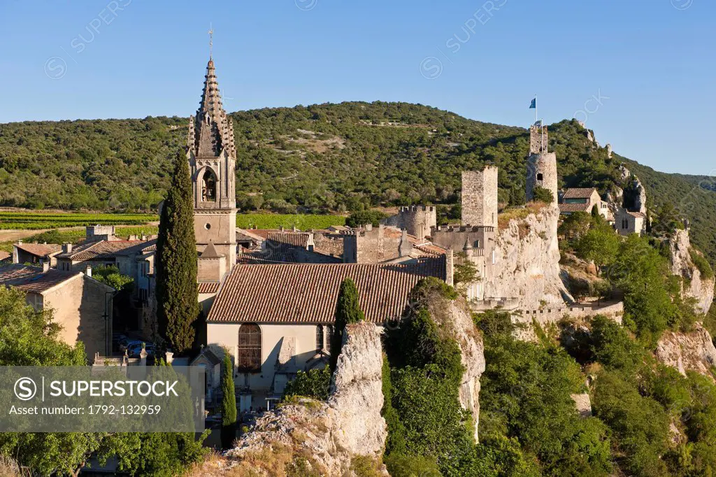 France, Gard, Aigueze, labeled Most Beautiful Villages of France, Medieval village perched above the Ardeche river, the vestiges of the fortress of th...