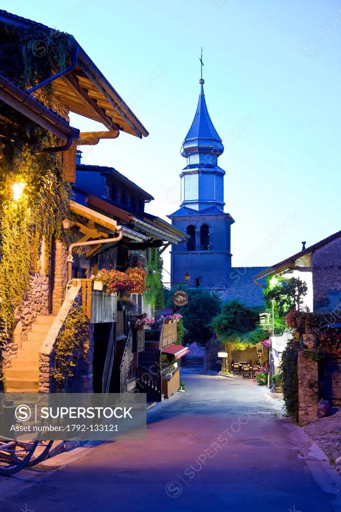 France, Haute Savoie, Le Chablais, Yvoire, labeled Les Plus Beaux Villages de France the Most Beautiful Villages of France, onion dome of the church, ...