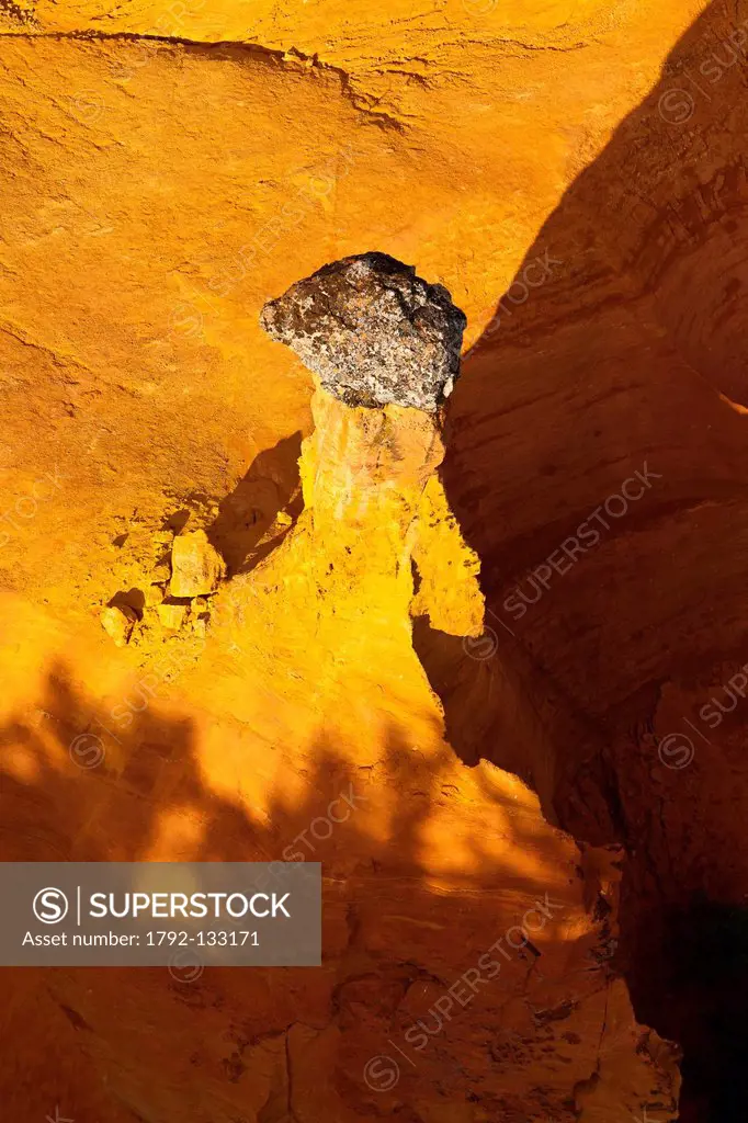 France, Vaucluse, Rustrel, Colorado Provencal, old ocher quarries, fairy chimney aerial view