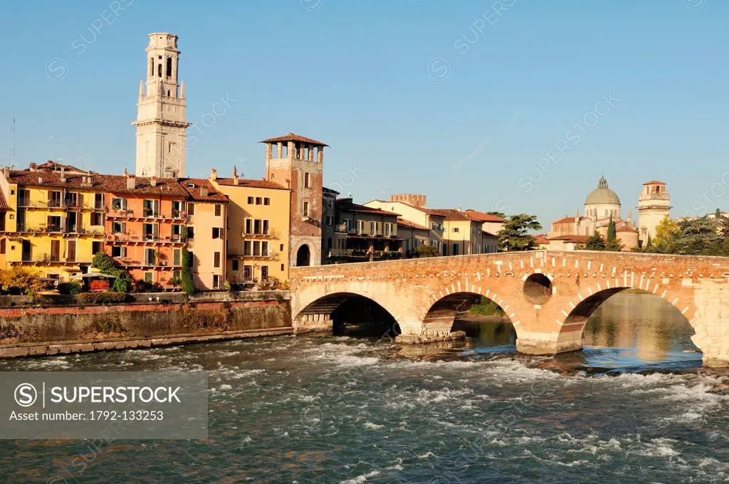 Italy, Veneto, Verona, listed as World Heritage by UNESCO, Adige river, Ponte della Pietra, Pietra bridge was built by the Romans in the 1st century A...