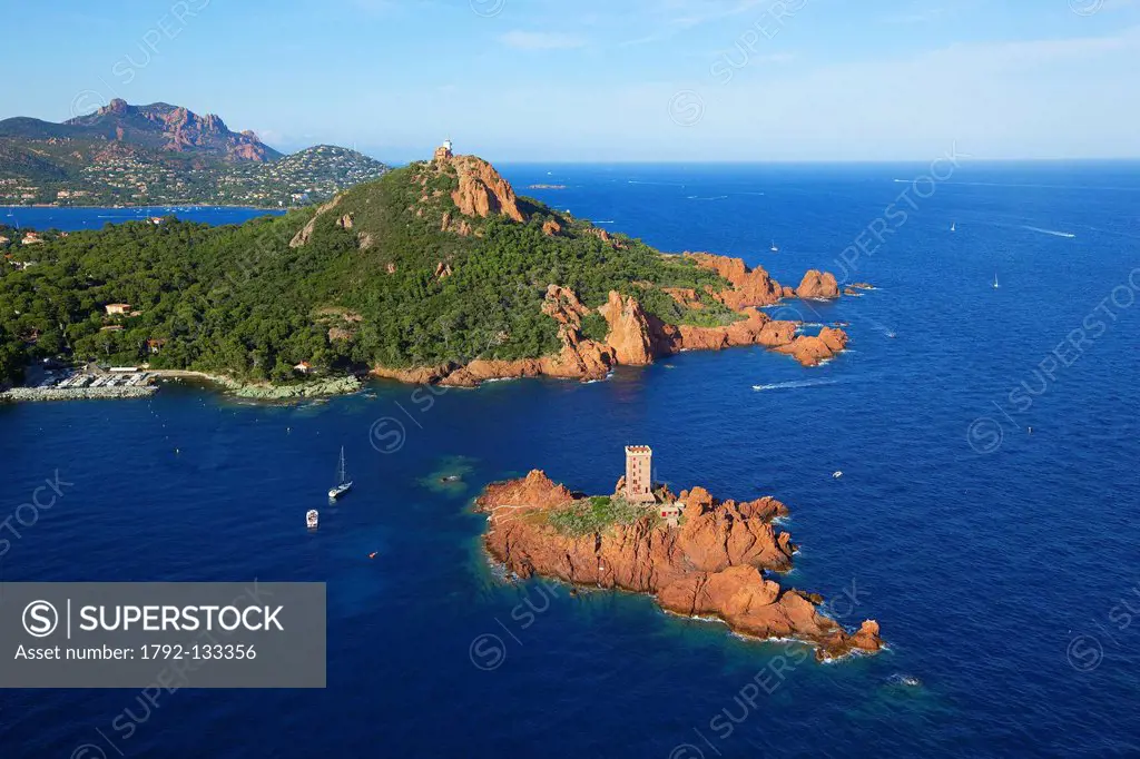 France, Var, Esterel, Saint Raphael, hamlet Dramont, island Gold and Saracen tower century, Cap Dramont in the background aerial view