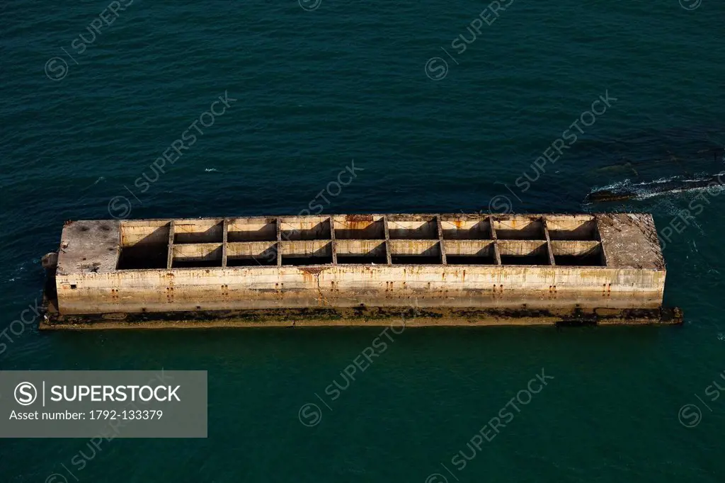 France, Calvados, Arromanches les Bains, Mulberries remains of Port Winston, Phoenix caissons to do breakwater aerial view