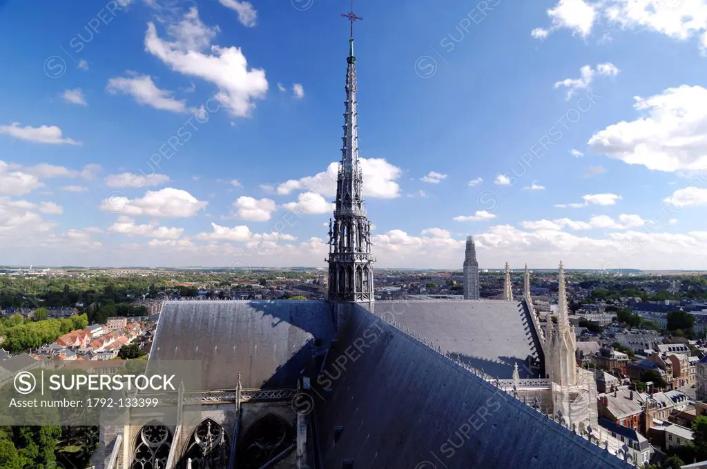 France, Somme, Amiens, Notre Dame d´Amiens Cathedral, listed as World Heritage by UNESCO, arrow on the roof of the cathedral