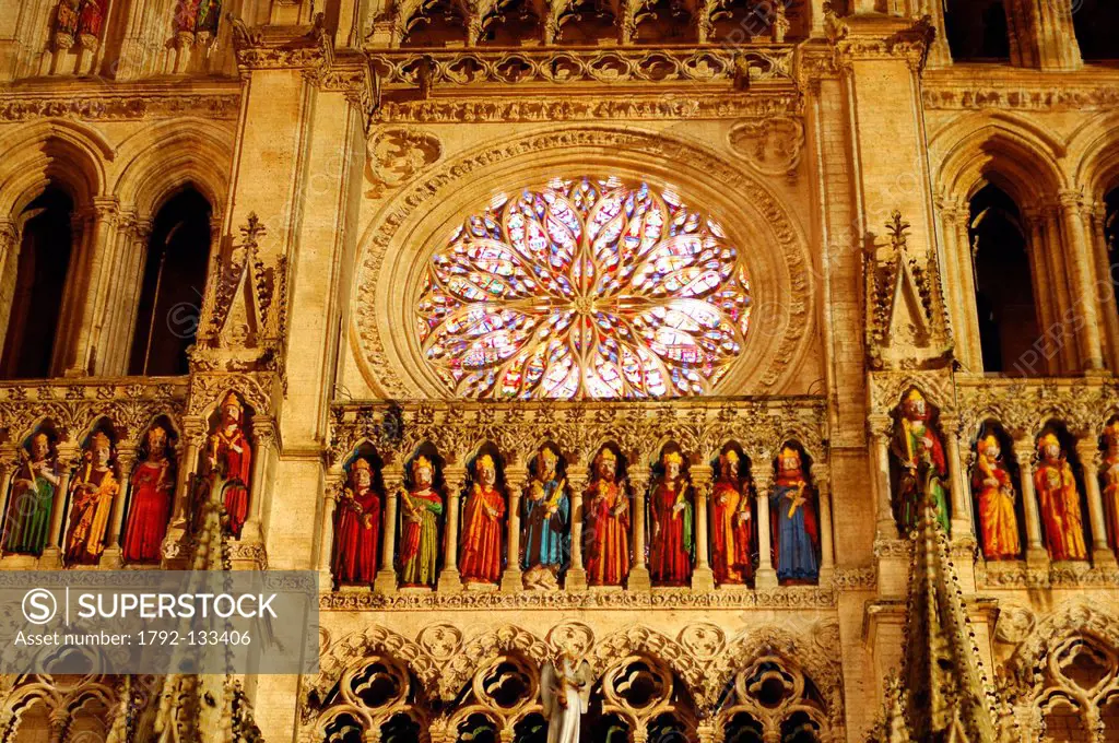 France, Somme, Amiens, Notre Dame d´Amiens Cathedral, listed as World Heritage by UNESCO, polychromatic illumination and restoration of original color...