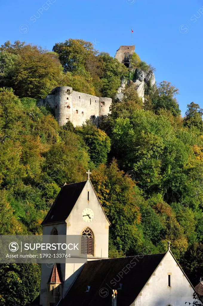 France, Haut Rhin, Le Sundgau, Ferrette, church and castle ruins