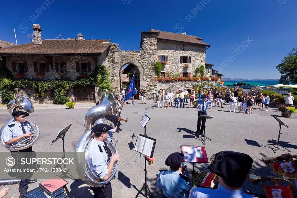 France, Haute Savoie, Le Chablais, Yvoire, labeled Les Plus Beaux Villages de France the Most Beautiful Villages of France, the brass band