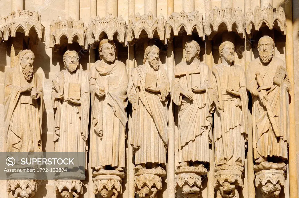 France, Somme, Amiens, Notre Dame d´Amiens Cathedral, listed as World Heritage Site by UNESCO, statues to the left of the portal of Judgement day