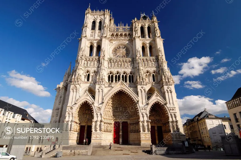 France, Somme, Amiens, Notre Dame d´Amiens Cathedral, listed as World Heritage by UNESCO, the Cathedral facade with its three gates and two towers