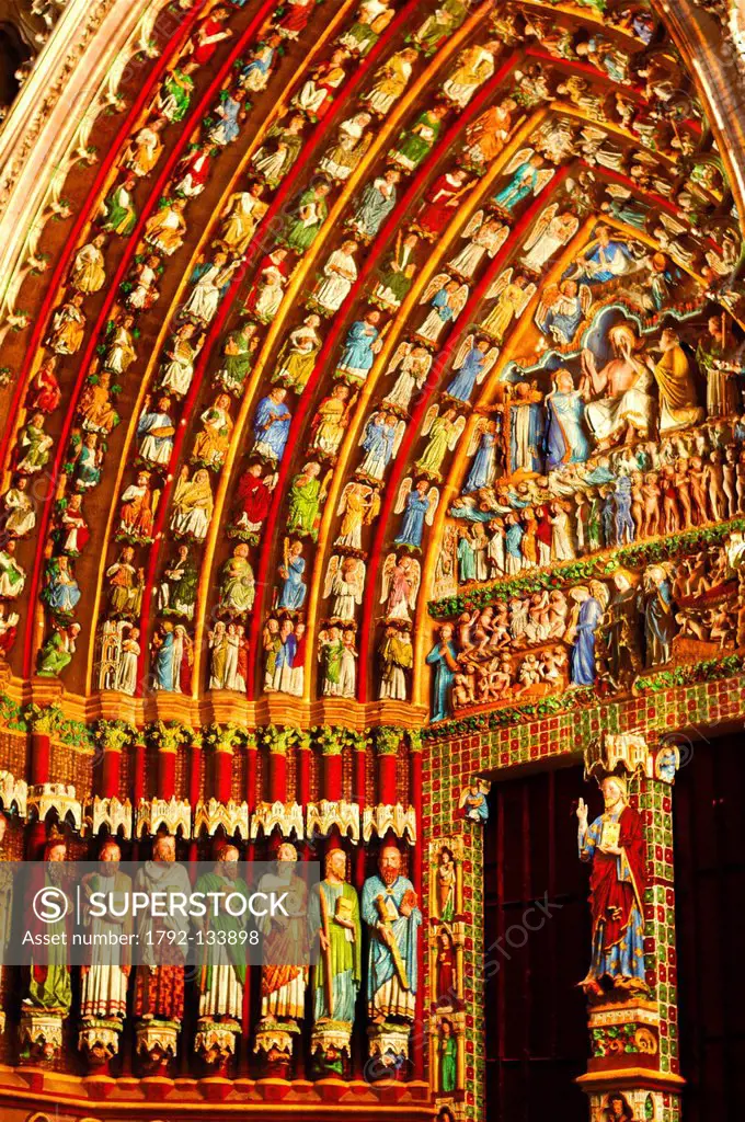 France, Somme, Amiens, Notre Dame d´Amiens Cathedral, listed as World Heritage by UNESCO polychromatic illumination and original colors restoration of...