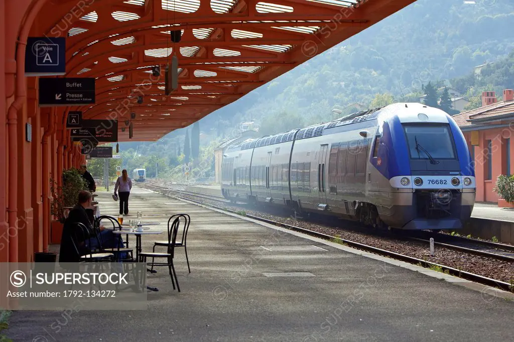 France, Alpes Maritimes, Roya Valley, Breil sur Roya, station, train of the Vallee des Merveilles Valley of Wonders, TER line regional train