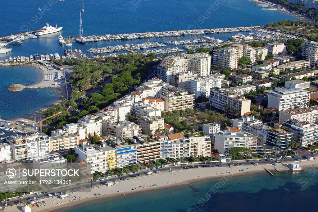 France, Alpes Maritimes, Cannes, Cap de la Croisette Port Canto in the background aerial view