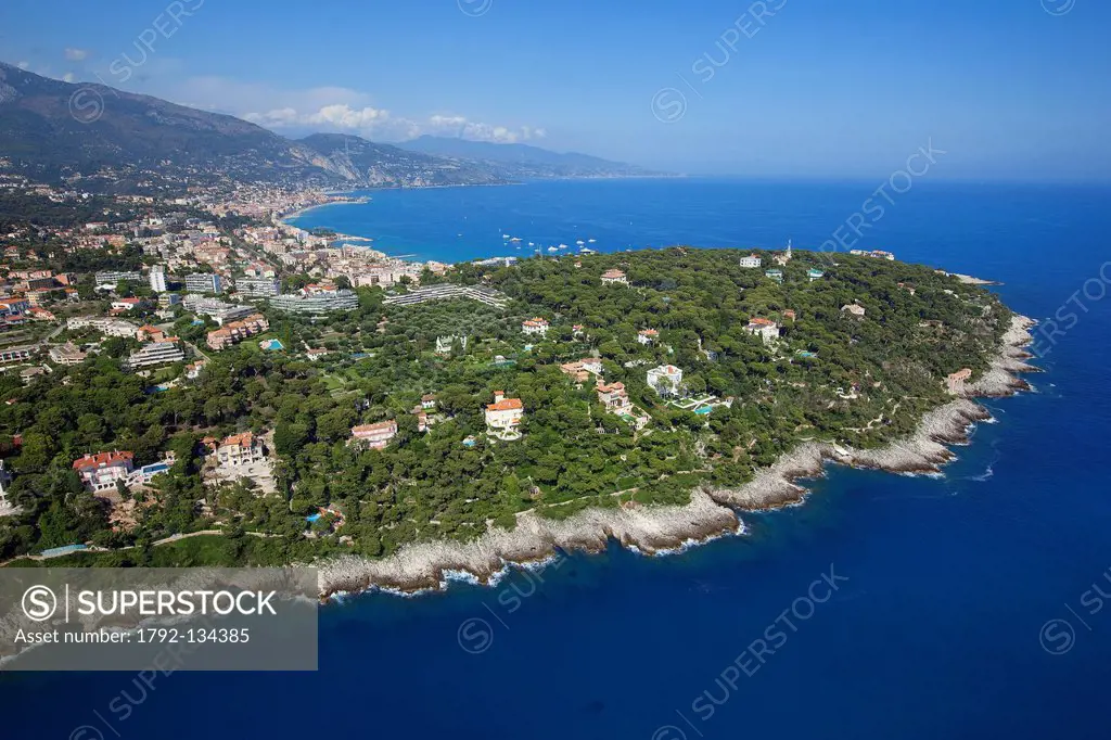 France, Alpes Maritimes, Roquebrune Cap Martin, Cap Martin, Menton and Italy in the background aerial view