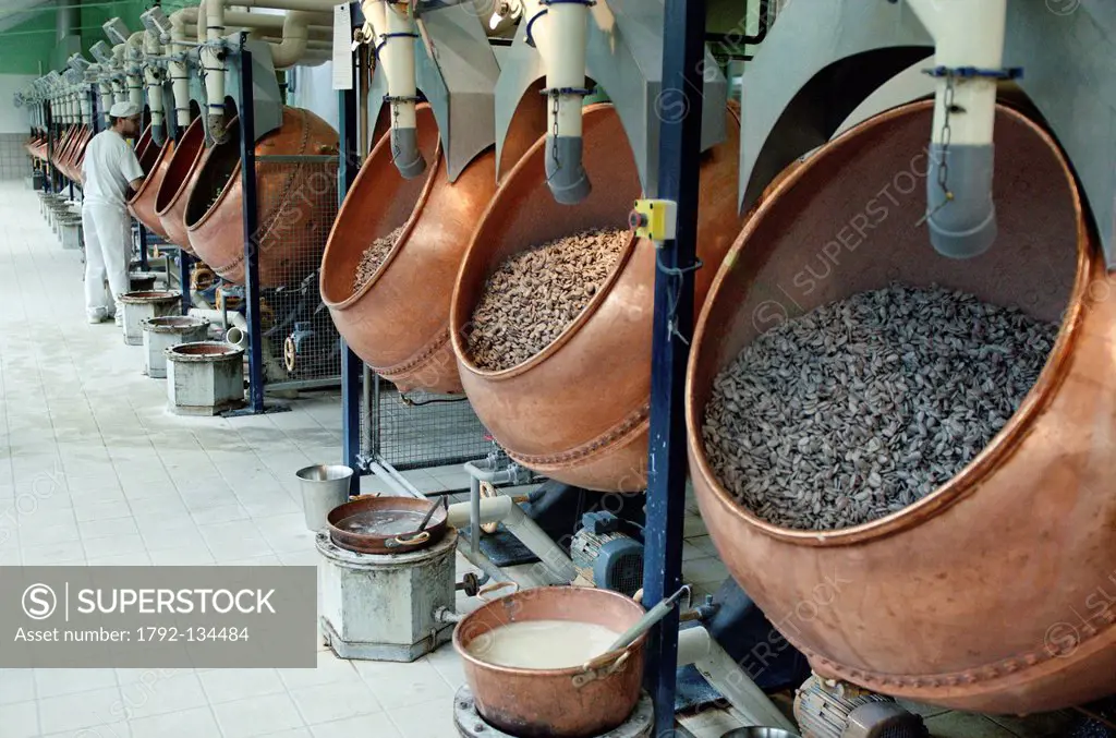 France, Meuse, Verdun, Braquier sugared almonds factory, peeling almonds, operation designed to cover the almonds with a film and prevent oil from mig...