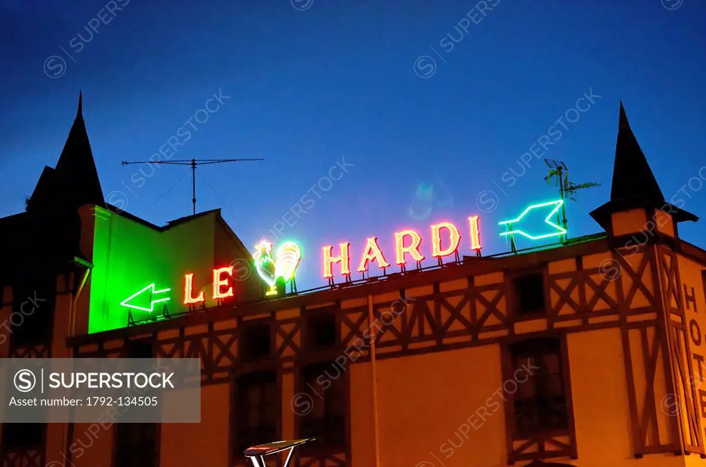France, Meuse, Verdun, neon restaurant called Le Coq Hardi