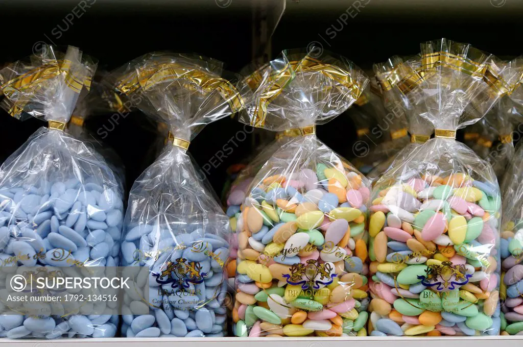 France, Meuse, Verdun, Braquier sugared almonds factory, colorful assortment of sweets in a bag rack