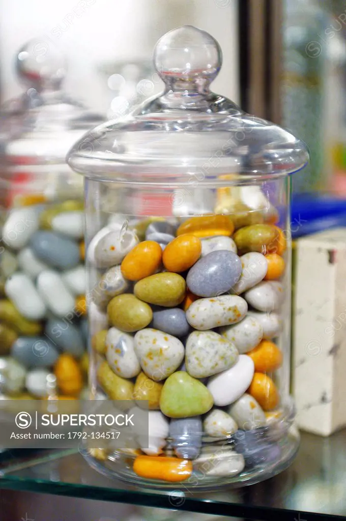 France, Meuse, Verdun, Braquier sugared almonds factory, colorful assortments of sweets in a glass jar