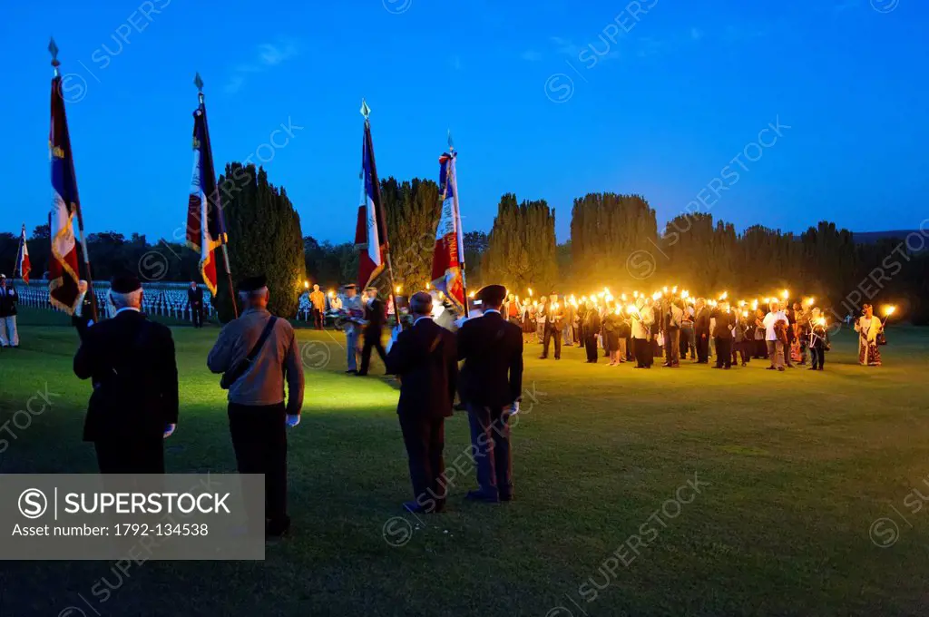 France, Meuse, Douaumont, Douamont Ossuary, torchlight during the annual event called The Four Days of Verdun, night parade of veterans to commemorate...