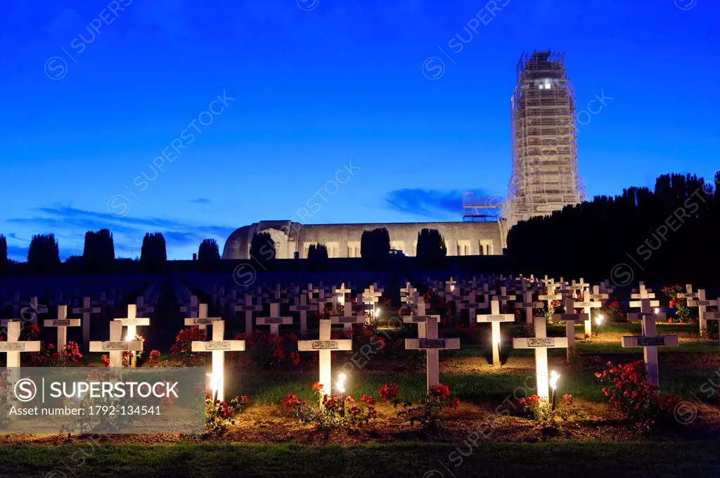 France, Meuse, Douaumont, Douaumont Ossuary, Military Cemetery, grave lit by a torch