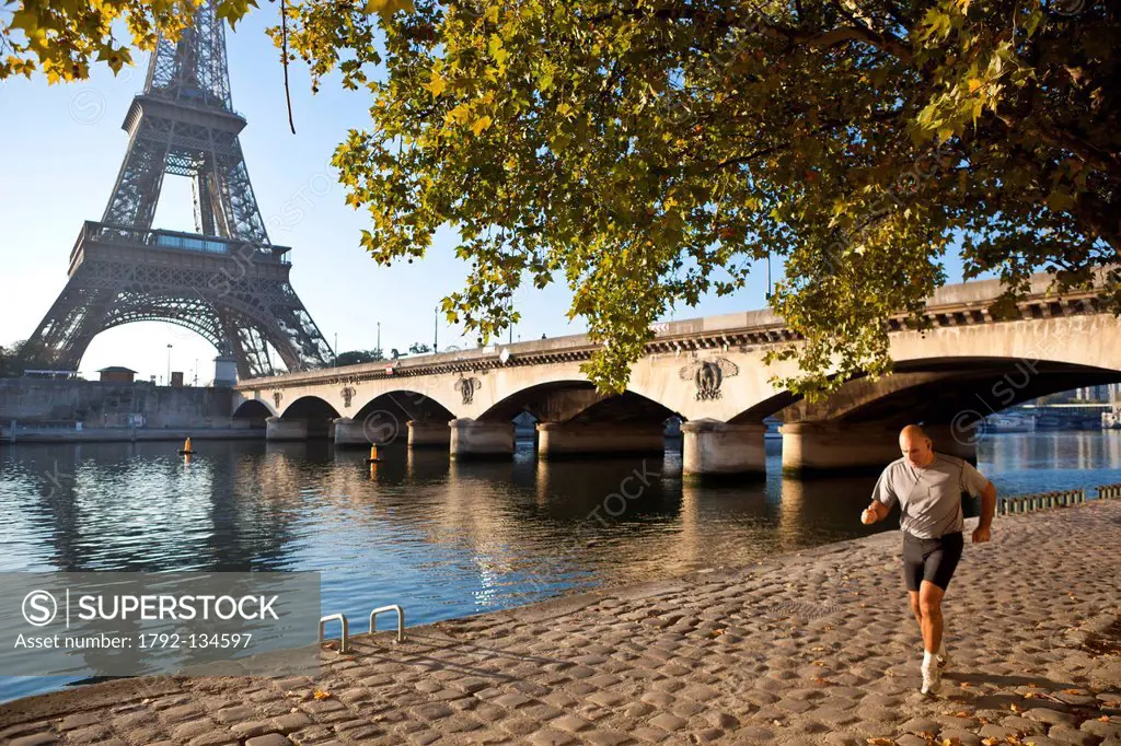 France, Paris, Seine river banks, listed as World Heritage by UNESCO, the port and the Eiffel Tower Debilly