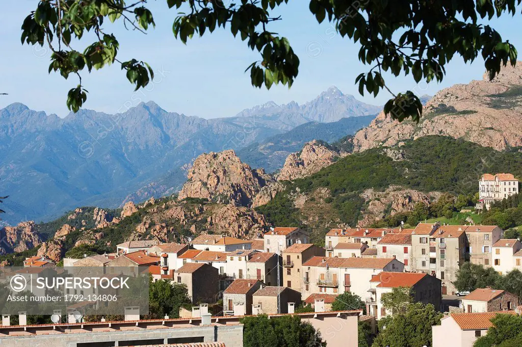 France, Corse du Sud, Gulf of Porto, Piana, labeled Les Plus Beaux Villages de France The Most Beautiful Villages of France, general view of the villa...