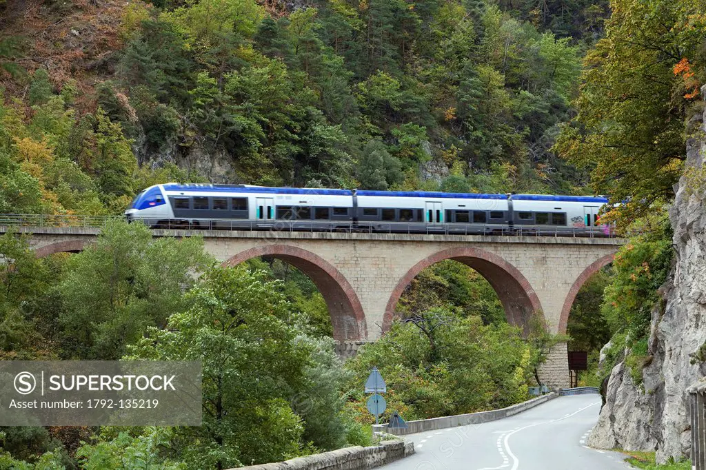 France, Alpes Maritimes, Roya Valley, to Saint Dalmas de Tende, train of the Vallee des Merveilles Valley of Wonders, TER line regional train