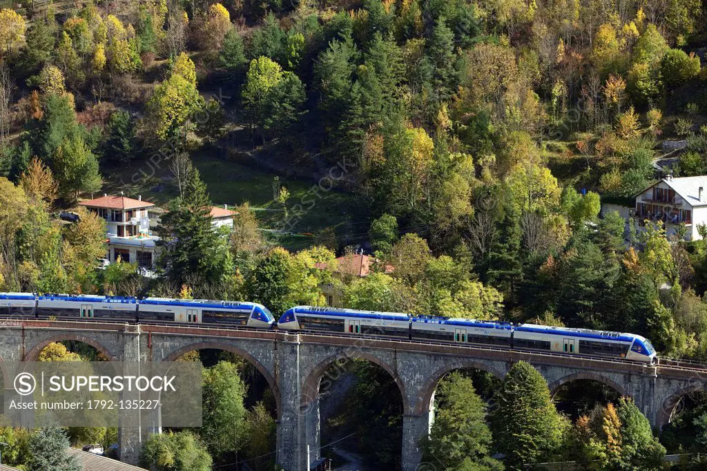 France, Alpes Maritimes, Roya Valley, Tende, train of the Vallee des Merveilles Valley of Wonders, TER line regional train