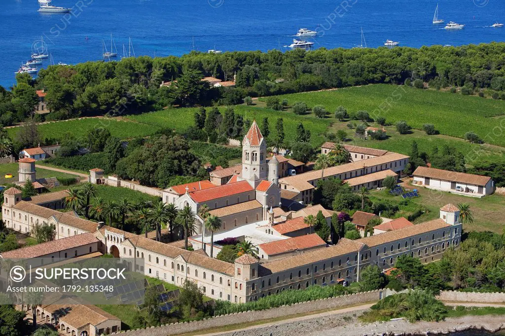 France, Alpes Maritimes, Cannes, Lerins island of Saint Honorat, Abbey of Lerins fourth and fourteenth century, historical monument aerial view