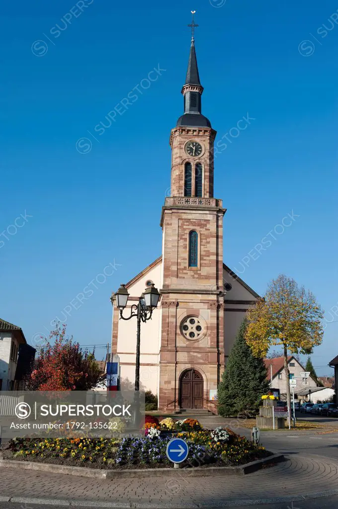 France, Bas Rhin, Boofzheim, Catholic church and central square of the viillage