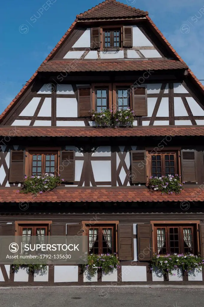 France, Bas Rhin, Gambsheim, half_timbered Alsatian city hall
