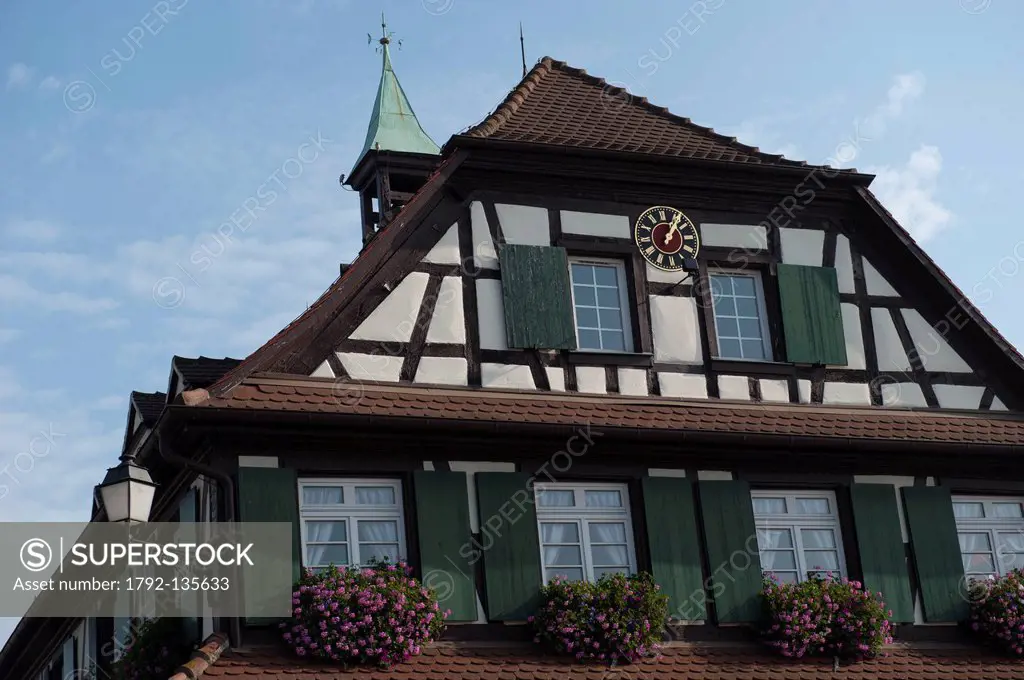 France, Bas Rhin, Gambsheim, half_timbered Alsatian city hall