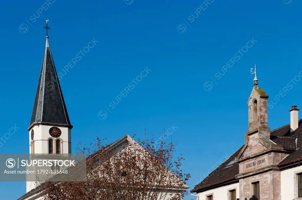 France, Bas Rhin, Sundhouse, bell tower of the church and of the school