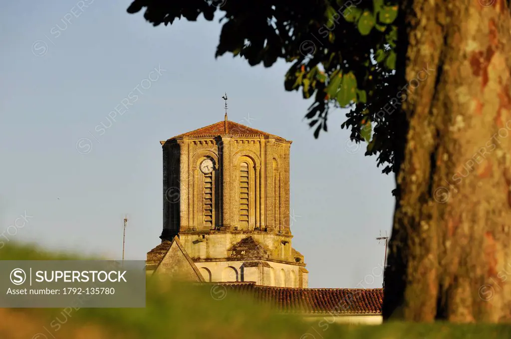 France, Vendee, Vouvant, Ste Marie Church of the 11th_19 th centuries in Romanesque style, octogonal clocktower