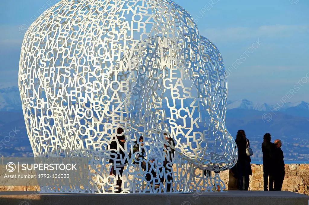 France, Alpes Maritimes, Antibes Bastion Saint Jaume cultural space, the Nomad, statue installed in 2007, designed by Jaume Plensa, the Spanish contem...