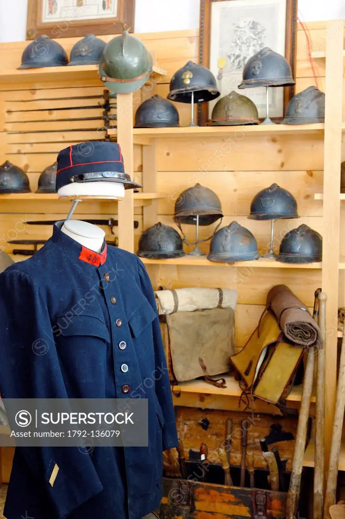 France, Meuse, Verdun, La Tranchee Du Poilu, specializing in antique objects from the First World War, French uniform with helmets in the background