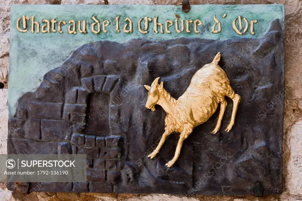 France, Alpes Maritimes, Eze Village, sign of the restaurant, the Golden Goat