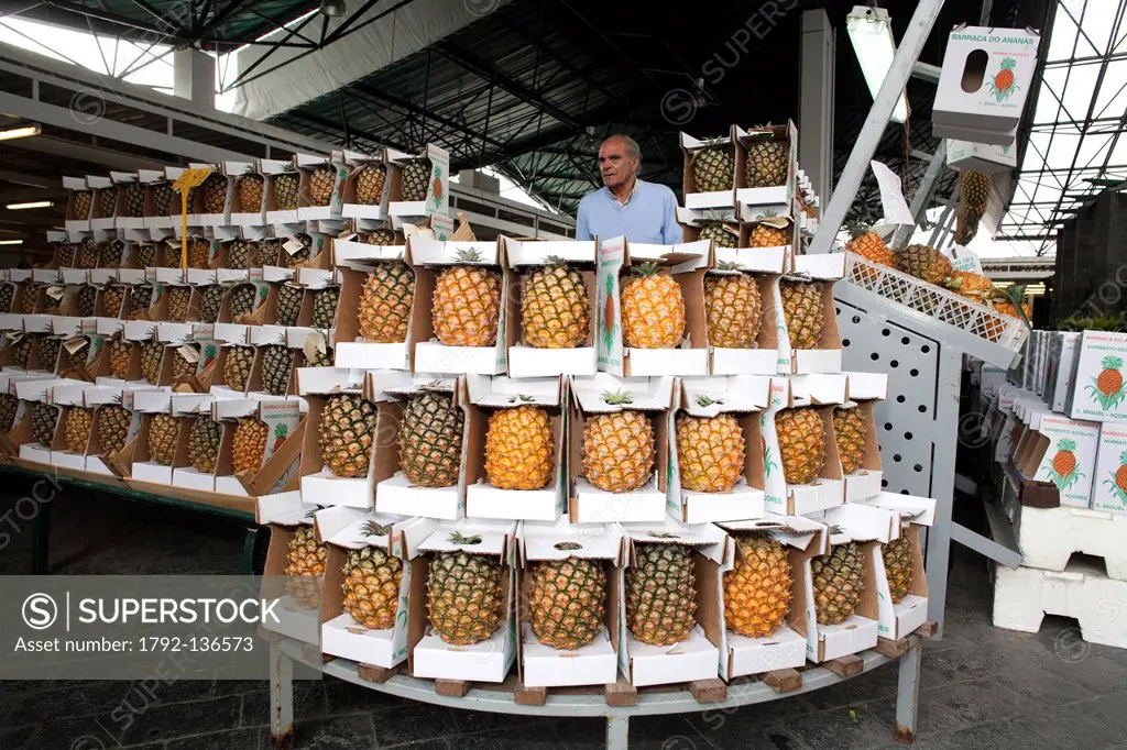 Portugal, Azores islands, Sao Miguel island, covered market in Ponta Delgada, Azores pineapple seller