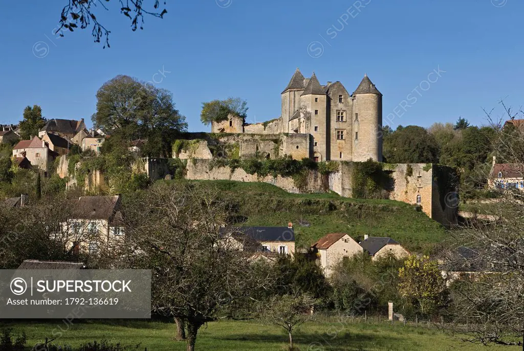 France, Dordogne, Black Perigord, Salignac Eyvigues, Salignac Castle and village houses