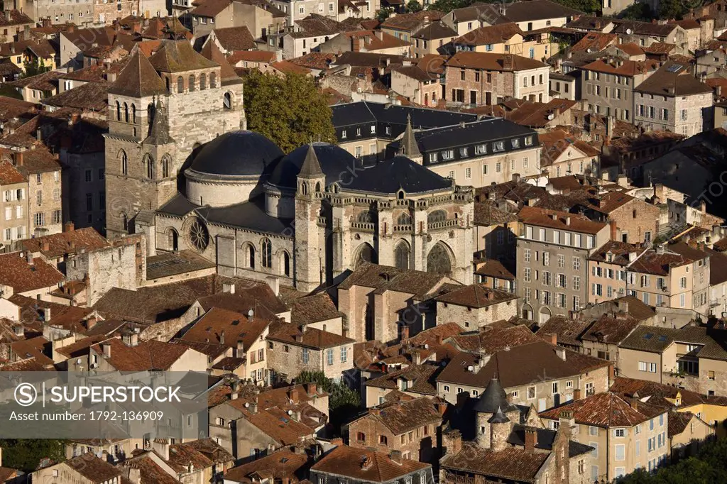 France, Lot, Cahors, overlooking the rooftops of the old town and the Cathedral St Etienne