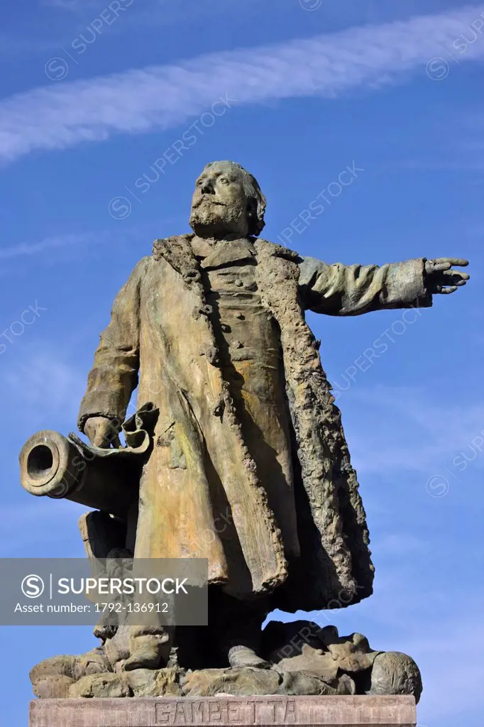 France, Lot, Cahors, Statue of Gambetta Place Francois Mitterrand