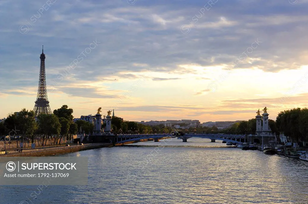 France, Paris, Seine river banks listed as World Heritage by UNESCO, the Pont Alexandre III and Eiffel Tower