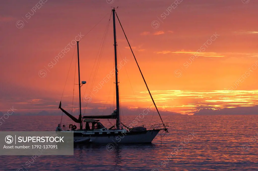 France, Martinique French West Indies, Saint Pierre, sailboat at sunset