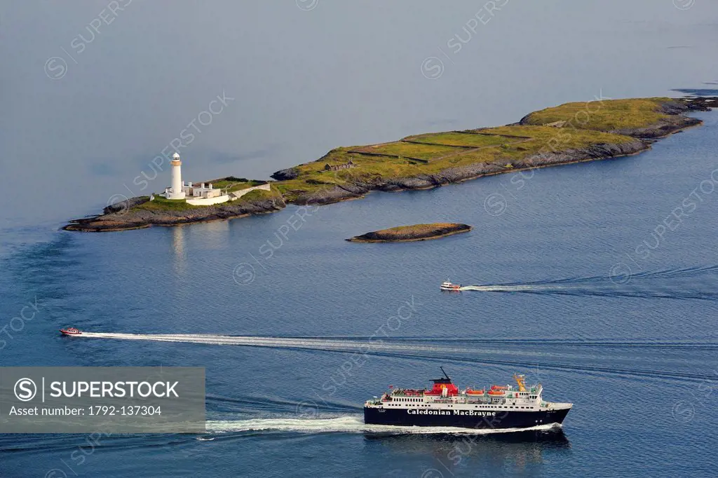 United Kingdom, Scotland, Highland, Inner Hebrides, Loch Linnhe, Isle of Lismore lighthouse east of Mull, ferry between Oban and Craignure on Mull aer...