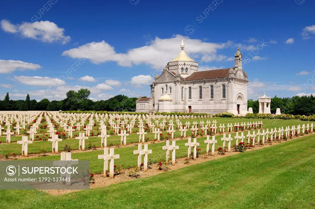 France, Pas de Calais, Ablain Saint Nazaire, necropole de Notre Dame de Lorette, Basilica and military graves in the cemetery of the first world war w...