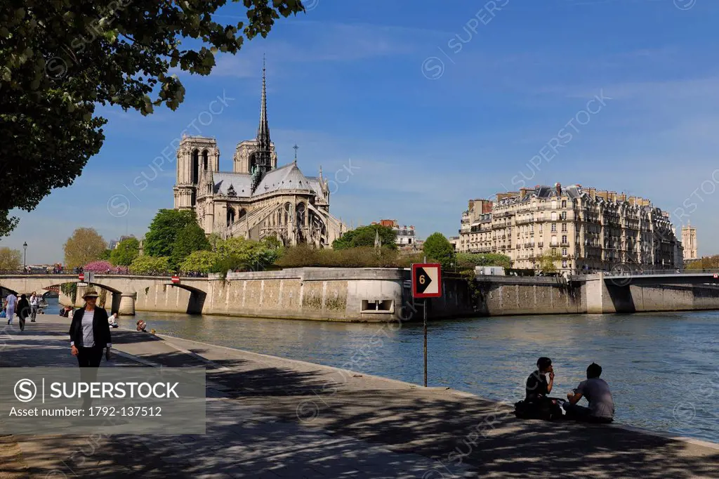 France, Paris, the Seine river banks listed as World Heritage by UNESCO and Notre Dame Cathedral on Ile de la Cite and the Pont St Louis seen from qua...
