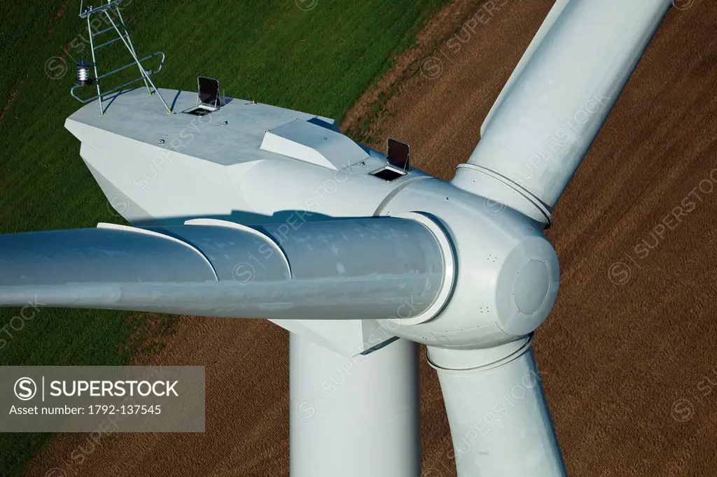 France, Eure, Quittebeuf wind farm, wind turbine REpower MM92 aerial view