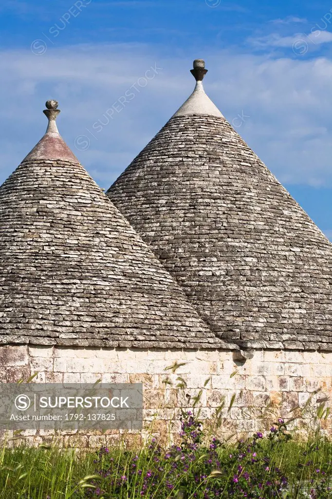 Italy, Puglia, Bari province, Alberobello, trulli borrough old dry stone buildings with slate roof, listed as Wolrd Heritage by UNESCO